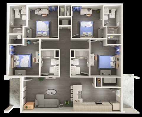 A 3D floor plan of a small apartment with two bedrooms and a living area.